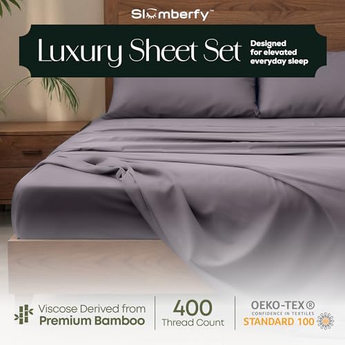 Image of Slumberfy 4-Piece 400 TC Viscose Derived from Bamboo Sheets, Full Size - 1 Fitted, 1 Flat, 2 Pillow Cases - Deep Pocket Cooling Viscose-Bamboo Bed Sheets in Magnetic Closure Gift Box, Grey