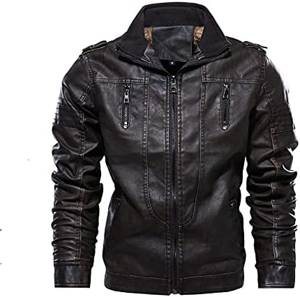 Men's Winter Vintage Plus Size Loose Outside Outercoat Plus Velvet Stand Collar Zipper Leather Coats (Coffee, XL)