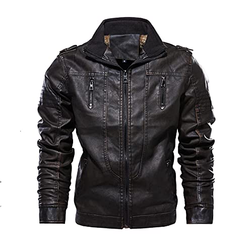 Men's Winter Vintage Plus Size Loose Outside Outercoat Plus Velvet Stand Collar Zipper Leather Coats (Coffee, Xl) #TOP3