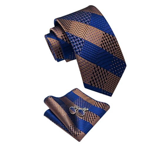 Image of YourTies Striped Plaid Ties for Men Silk Formal Necktie Set | 3.15 inch(8cm) Woven Jacquard Mens Ties with Necktie Pocket Square Cufflink Tie Clip Lapel Pin for Wedding Business Party