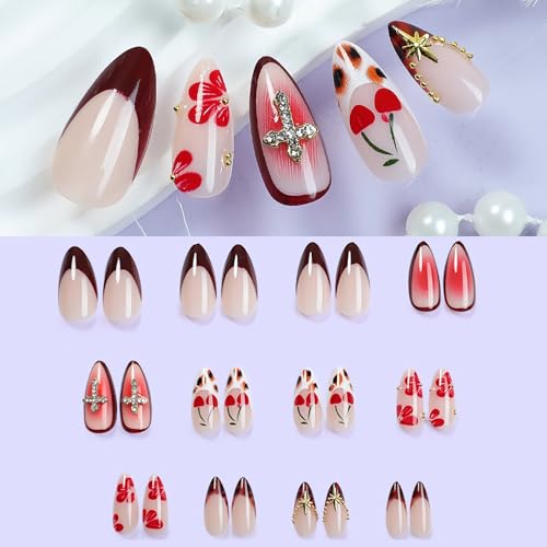 BABALAL Acrylic Press on Nails - Medium Almond Fake Nails, Brown Tortoise French Tip with Nail Glue, Red Flower & Cross Charm Y2k Goth Design, 24Pcs Stiletto DIY False Nails for Women and Grils