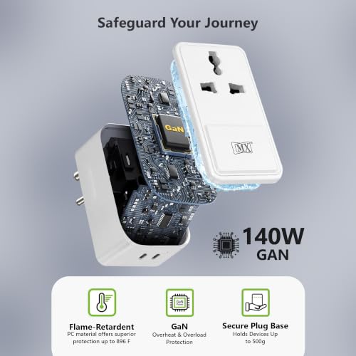 Image of MX 3-in-1 140W PD Fast Charging MultiPort Adapter with 2500W Universal Socket, Dual Type-C, Socket for India, US, UK, EU, AU, Compact Design for Bedside Use, Multi Plug Power Adapter ISI approved Plug