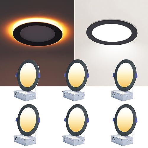 CycevSun 6 Pack Black Recessed Lights 6 Inch with Night Light, Canless Ultra Thin Wafer Downlight...