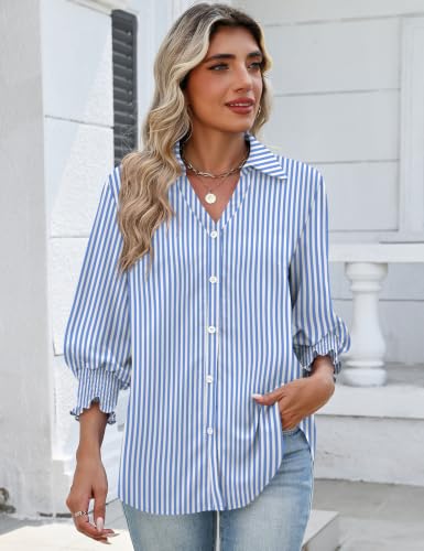 AKEWEI Button Down Shirts for Women 3/4 Length Sleeve Collared Business Casual Blouses 2026 Summer Tops Blue Stripe XXL by AKEWEI - Used condition - Image 10