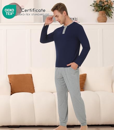 Image of NACHILA Mens Pajamas Set Long Sleeve Henley Sleepwear Top Soft Jogger Pants Pajamas Cool Pjs Set,Viscose Made from Bamboo