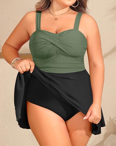 Plus Size Swim Dresses for Women- One Piece Swimsuit Tummy Control Flowy Bathing Suit Full Coverage Swimwear 2025 Olive Green 14 Plus4