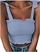 KAMISSY Women's Frill Smocked Crop Tank Top Tie Shoulder Strap Vest (Small, Light Blue)