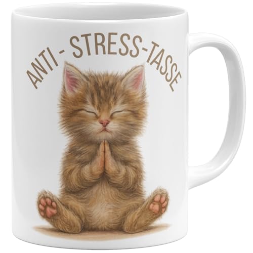 OM3&reg; K&auml;tzchen Anti-Stress Kaffee-Tasse mit Spruch - lustige Keramiktasse Namaste-Motiv - Meditation Katze - Keramik Becher - 325ml - Beidseitig Bedruckt - Weiss