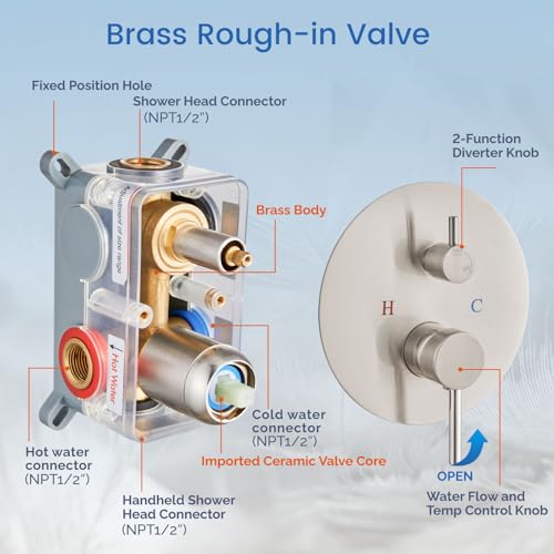 Airuida Shower Fixtures 2 Functions Shower Faucet Set Wall Mounted for Bathroom High Pressure Brass Handheld Shower with Rough-in Valve Round Rainfall 12 Inch Shower Head Brushed Nickel by Airuida - Image 5