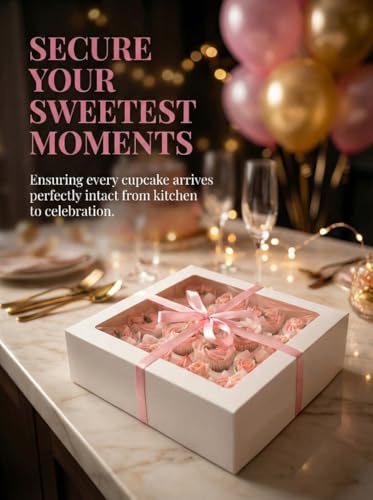 Image of Bakepacker Auto-pop Up Cupcake Boxes with Window White 40PCS 12 Count Cupcake Box 13 inchx10 inchx3.5 inch Cupcakes Carrier, 12 Cupcake Containers with 2 rolls of pink ribbons
