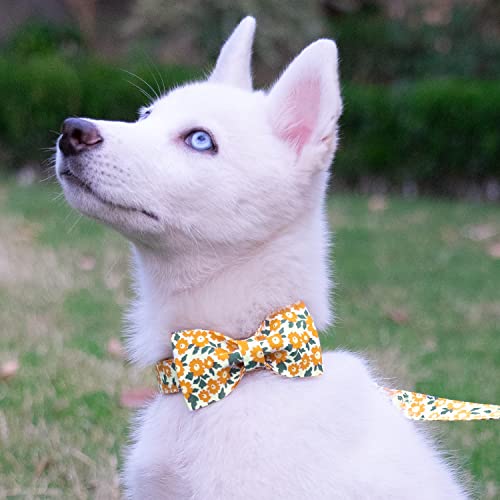 Image of Tunkoo Dog Collar Floral with Elegant Bow Tie Soft Comfy Cotton Adjustable Collar, Premium Metal Buckle for Puppy and Cat Small Medium Large（Yellow flowers，S）