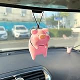 Swinging Pig Car Rear View Mirror Charm, Cute Piggy Car Pendant, Lucky Auto Hanging Ornament, Vehicle Interior Mirror Decoration Accessories for Women Men (Rope)