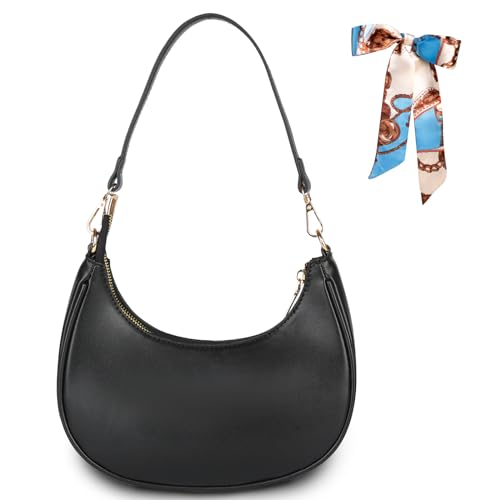 Umhängetasche Damen Hobo Bag Halbmond Schultertasche mit Reißverschluss PU Leder Retro Achsel Tasche Y2k Fashion Handtaschen Geschenk für Frauen Dating Reisen Party Einkaufe (HALFMOON-Schwarz)