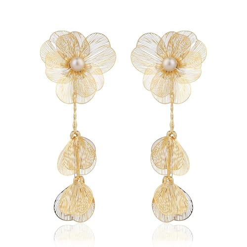 14K Gold Plated Statement Flower Earrings for Women Boho Statement Floral Prom Formal Earrings Lightweight Chunky Pearl Floral Petal Dangly Earring Christmas Stocking Stuffers Jewelry Gifts
