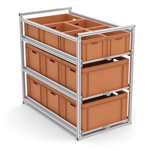 Tinobu Heckgaragenregal 120 cm - Eurobox Auszug 60x40, auch 30x40 möglich, 2-4 Ebenen, Etagenaufteilung nach Boxenhöhe, Vollauszug mit Arretierung, Breite 60 cm