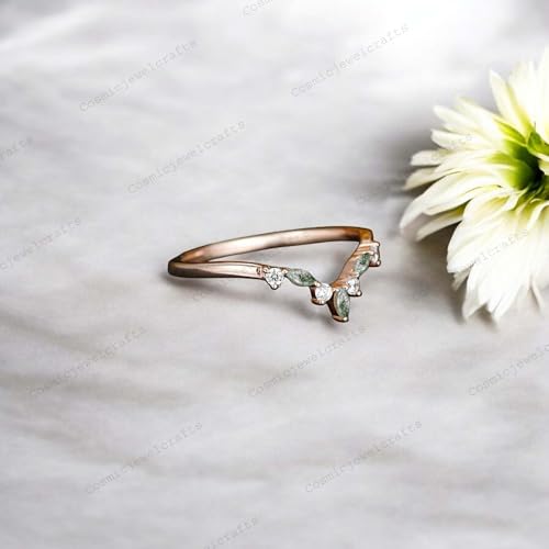 Curved Moss Agate Wedding Band 10k Rose Gold Diamond Band Half Eternity Promise Jewelry for Women Dainty Birthday Gift for Best Friend3