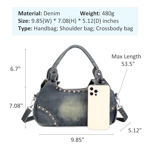 Image of Fashion Crossbody Bag Denim Purse with Rhinestones Y2K Jean Handbag for Women | Washed Denim
