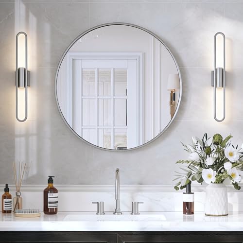 Image of 30 Inch Brushed Nickel Round Bathroom Mirror for Over Sink | Circle Mirror with Aluminum Frame, Wall Mirror for Vanity, Entryway, Living Room, Hallway and Bedroom Decor