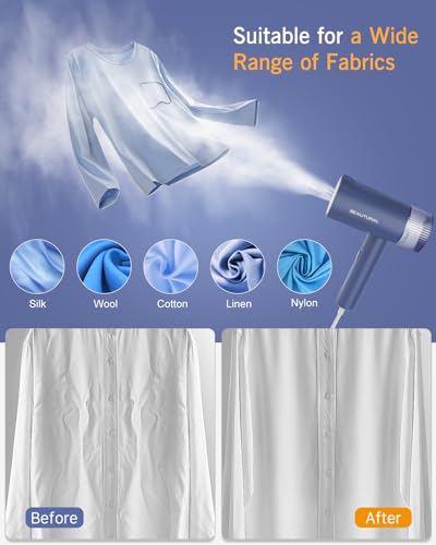 Image of BEAUTURAL Travel Steamer for Clothes, Portable and Handheld, 1000W, Blue | Foldable Garment Wrinkle Remover, Fast 30s Heat-up, 120V Only (Not for 220V Europe)