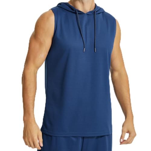 Men's Workout Hoody Tank Tops Athletic Training Bodybuilding Sleeveless Hoodie Shirts Gym Sleeveless Muscle T-Shirt (UK, Alpha, L, Regular, Regular, Standard, Blue)