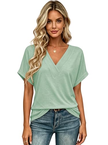 Image of EyMuse Womens Tshirts V Neck Solid Color Blouse Loose Fit Short Sleeve Tee 2026 Summer Casual Tops, Light Green,L-New