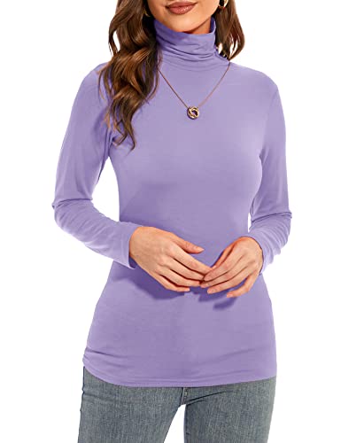 White Thermal Long Sleeve Women Mock Turtleneck Stretch Slim T Shirt Layer Top for Women Lavender X-Small