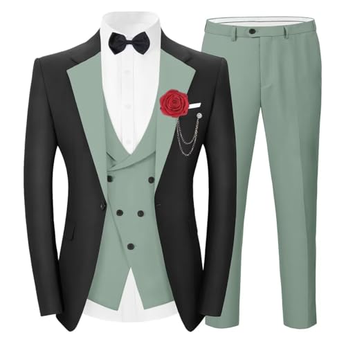 SPTALLFITJSV Sage Green Tuxedo Suits for Men 3-Piece One Button Suit 3 Piece Suit for Men Groomsmen Fashion Big and Tall Men's Suits for Wedding Prom Formal Customized Size 5XL