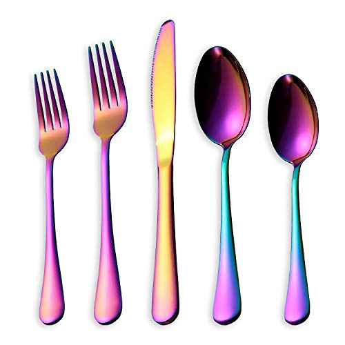 20 Piece Rainbow Flatware Set, Stainless Steel Titanium Colorful Plated Flatware Set, Silverware Set Service for 4