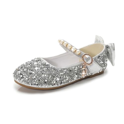 Generisch Bailarinas para niña con lazo de cristales, ideales para niñas pequeñas, zapatos de fiesta informales, suela resistente, ajuste cómodo, plata, 35.5 EU