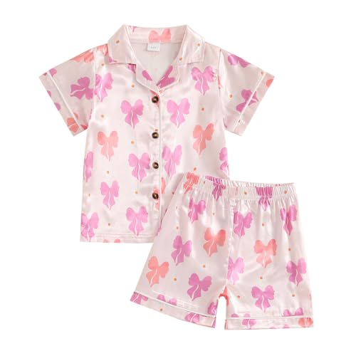 Kuriozud Toddler Kids Little Girls Halloween Satin Pajamas Satin Silky Pjs Set Short Sleeve Button Down Nightwear Sleepwear