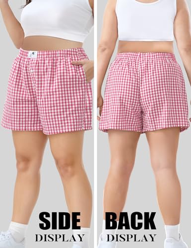 Image of COOTRY Plus Size Women Boxer Shorts Cotton Plaid Gingham Shorts Casual Pajama Sleep Shorts Y2K Beach Bottoms