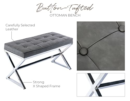 Lzareal Button-Tufted Ottoman Bench Pu Leather Upholstered 34 Inch Contemporary End Of Bed Bench With Metal X Leg, For Entryway Dining Room Living Room Bedroom End Of Bed, Grey #TOP4
