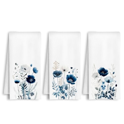 HSIASHENG Navy Blue and White Floral Kitchen Towels, Elegant Flower Dish Tea Towels, Cottagecore Wildflower Botanical Decorative Hand Towel for Kitchen Bathroom, 16x24 Inch Set of 3