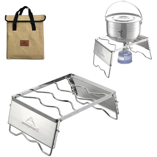 CAMPINGMOON Portable Campfire Grill for Fire Pit, 304 Stainless Steel Folding Camping Grill with Windscreen, Dutch Oven Cooking Stand Open Fire BBQ