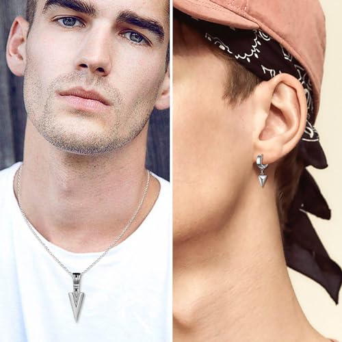 INFINIONLY Herren Damen Edelstahl Halsketten und Ohrringe Schmuck-Sets Vintage Ketten mit Pfeil Anhänger für Teenager Mode Creolen mit Pfeil Ohrhänger für Jungen, Silber