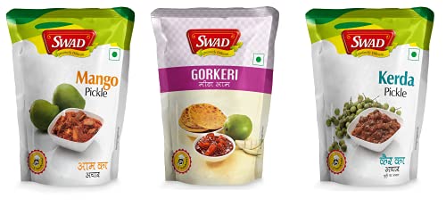 Image of SWAD Delicious and Spicy Pack of Mango Pickle / Aam ka Achar - 200g| Kerda Achar / Pickle - 200g| Gor Keri Chutney / Mango Chutney / Aam Chutney - 200g Pack of 3