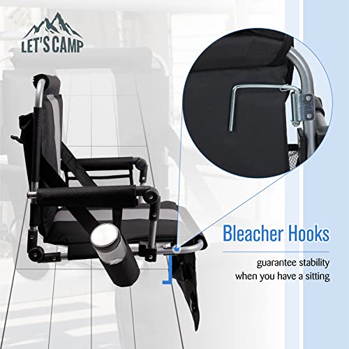 Let's Camp Folding Stadium Seat Bleacher Chair With Cup Holder, Mesh Bag And Hide Hooks, Portable Stadium Chair With Back And Cushion, Black Grey #TOP2
