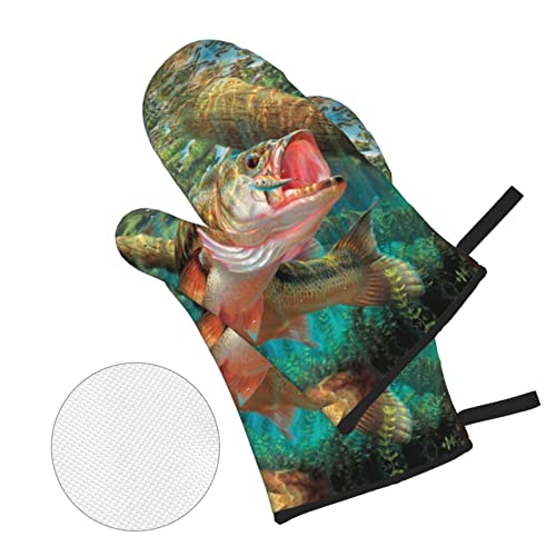 Bass Fish Oven Mitts And Pot Holders Sets 4 Pcs Set, Heat Resistant Fishing Oven Gloves Teal Fish Hot Pad For Kitchen Cooking Baking Bbq #TOP2