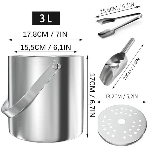 Eiswürfelbehälter, 3L Eisbehälter rund mit Sieb und Eiszange, Eiswürfelbehälte, Eiskübel mit Schaufel, Doppelwandiger Lsolierter Eiseimer, zur Aufbewahrung von Eis und zum Kühlen von Getränken