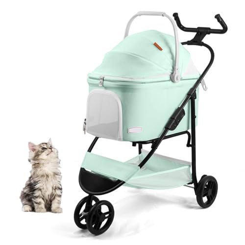 3輪ペット用ベビーカー、3 in 1多機能犬用ベビーカー、取り外し可能なキャリア付きジョギング用ベビーカー、調節可能なハンドル付き軽量旅行用ベビーカー,グリーン