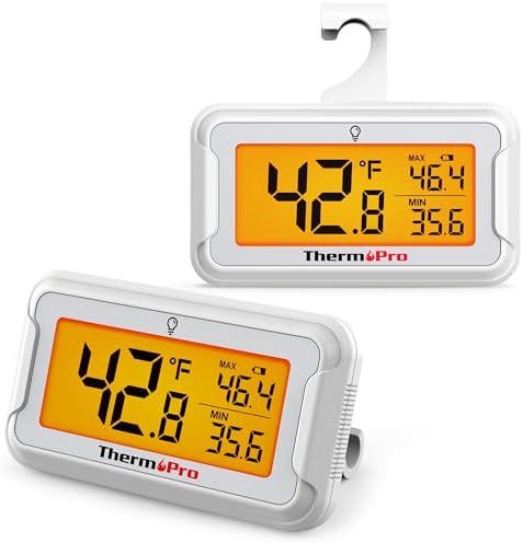 ThermoPro Refrigerator Thermometer with Large Backlit LCD Display, Waterproof Freezer Fridge Thermometer 2 Pack with Max/Min Record, Easy Battery Replacement, Magnetic & Stand Options for Room, Cooler