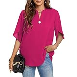 Funlingo Women's Summer Tops Short Sleeve Casual Shirts V Neck Chiffon Dressy Blouse Flowy Tops Rose Red X-Large