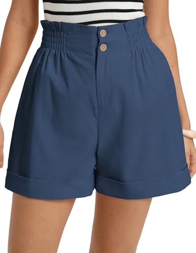 GRACE KARIN Linen Shorts for Women Elastic Waist Buttons Shorts Clothes Beach Resort Travel Wide Leg Shorts Navy Blue L