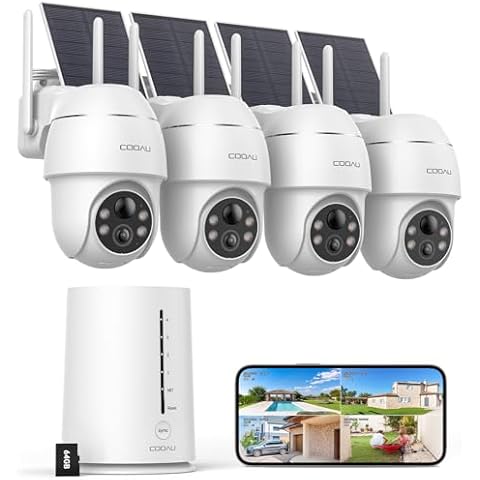 COOAU Cameras for Home Security Outdoor,4MP Solar Security Camera Wireless System,4 Cam-Kit,360° Pan & Tilt,Color Night Vision,Motion Detection,No Monthly Fee,Siren Alarm,IP66,64GB Memory Card Cover
