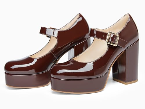 Image of Coutgo Womens' T-Strap Round Toe Chunky Platform Heels Patent Mary Jane Dress Shoes