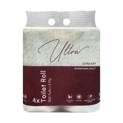 Image of Claret Ultra Soft 3-Ply Virgin Pulp Toilet Rolls | 300 Pulls Each Skin-Friendly | 4 Rolls in 1 Pack | OBA-Free | Sanitary System Friendly (Pack Of 4 Rolls)