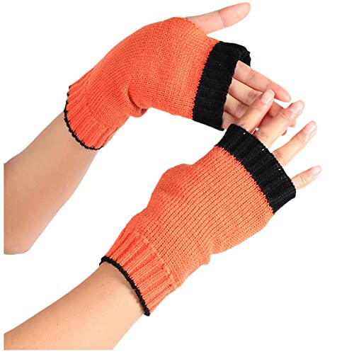 Knit Women s Solid Gloves Cute Knitted Splice Fingerless Pattern Half Casual Mittens Gloves Gloves (Orange, One Size)