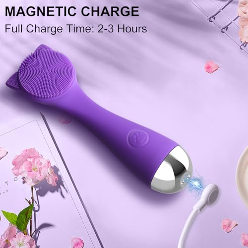 Facial Cleansing Brush, Silicone Face Scrubber Exfoliator for Men & Women, Electric Facial Brush Waterproof, with 3 Speeds Adjustable for Deep Cleaning, Removing Blackhead, Face Massaging (Purple) - Image 6