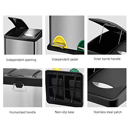 Dustbin Dry and Wet Garbage Classification Trash Bin Large Capacity Pedal Opening Lid Garbage Can Stainless Steel Sorting Trash Can 4.2 Gallons/6.3 Gallons Trash Can (Size : Silver-24L) (Silver) - Image 3