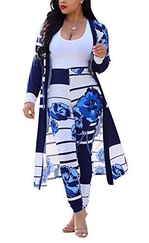 Womens Two Piece Print Outfits Clubwear Open Long Kimono Cardigans and Trousers Set Blue